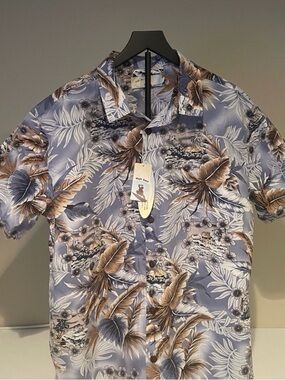 High Surf Hawaiian Shirt XL Blue Brown Floral Button Down Short Sleeve Summer